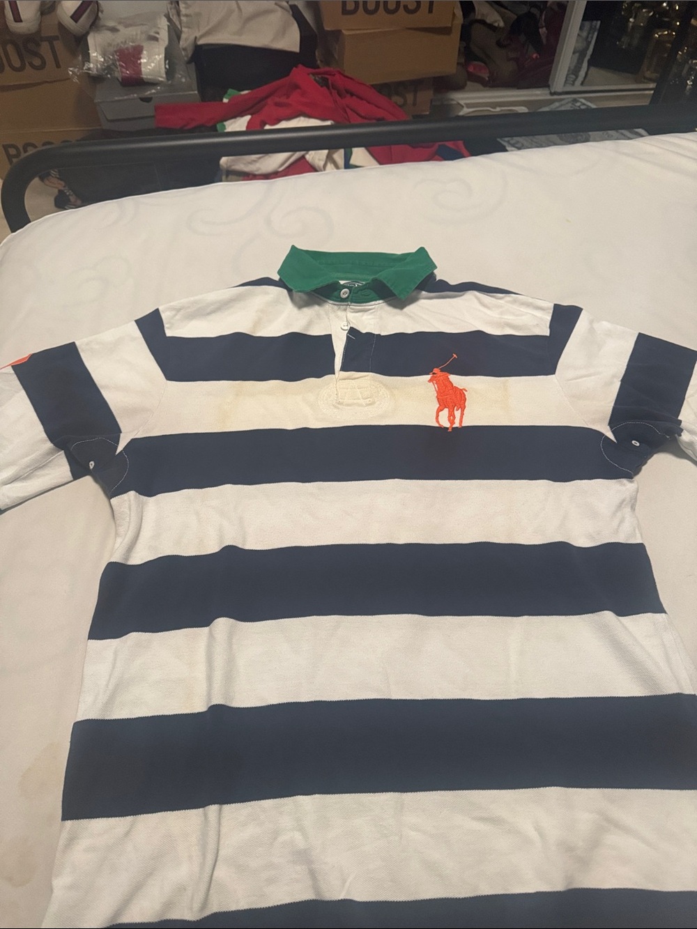 Polo Ralph Lauren Striped Rugby Polo - Navy, White & Green Collar